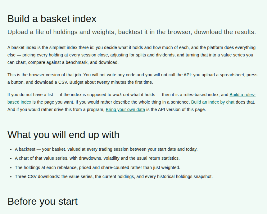 Preview of Index One’s official Build a basket index guide, introducing basket indices and backtest outputs.